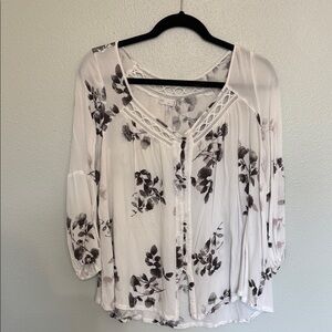 Anthropologie Ivory Blouse with Gray Floral Print and Lace Trim
